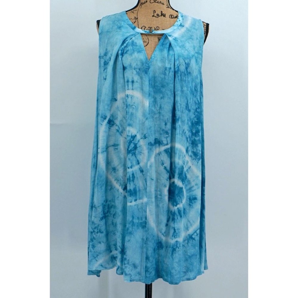 Umgee FLORAL SWING DRESS Women Extra Large Tie Dye Blue Sleeveless Lightweight